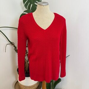 American Eagle Sweater Women Medium Red V-Neck Open Knit Cotton Wool Blend